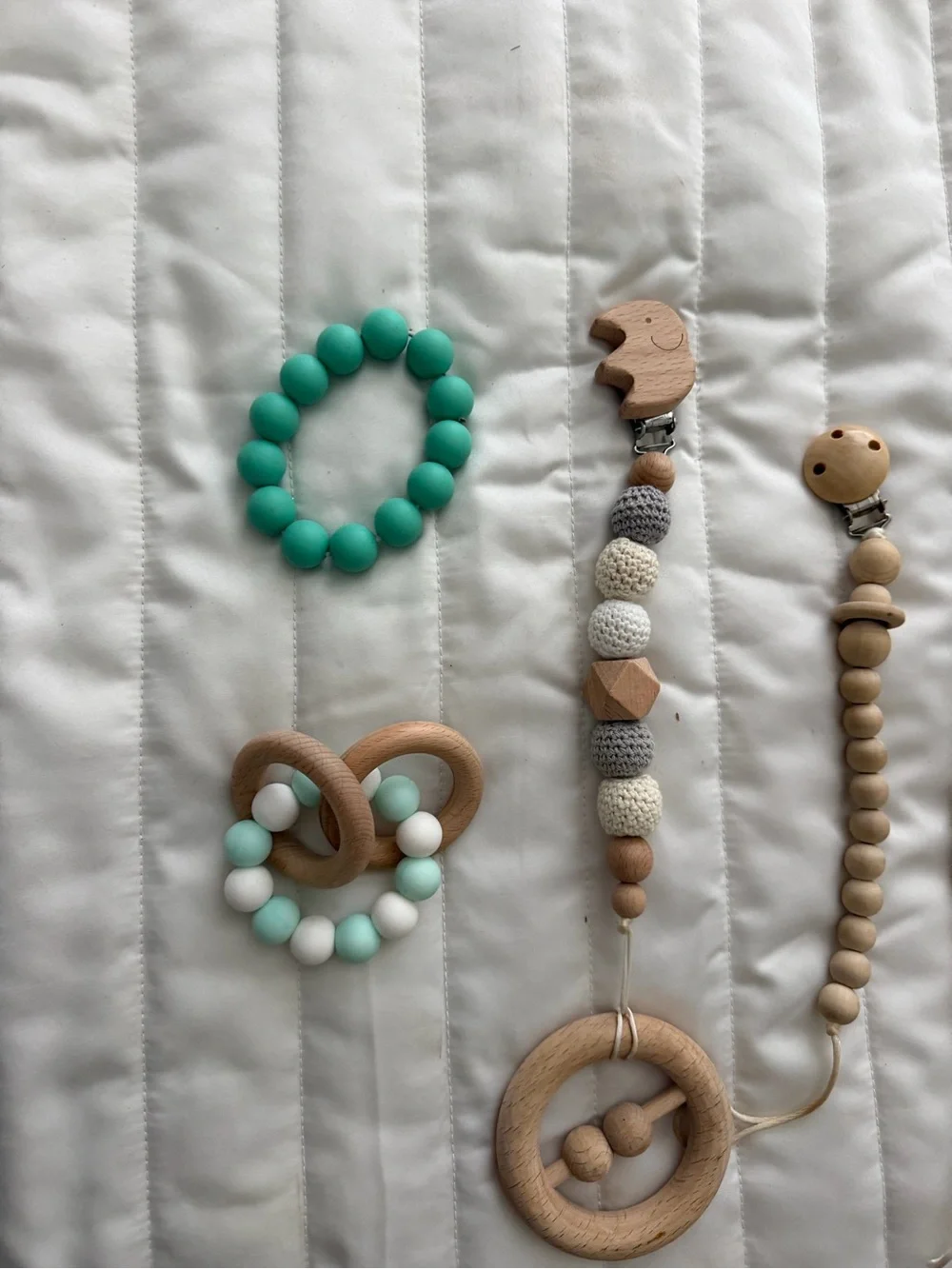 Handmade Wooden and Silicone Baby Pacifier Clips & Teethers - Neutral & Aqua Mix